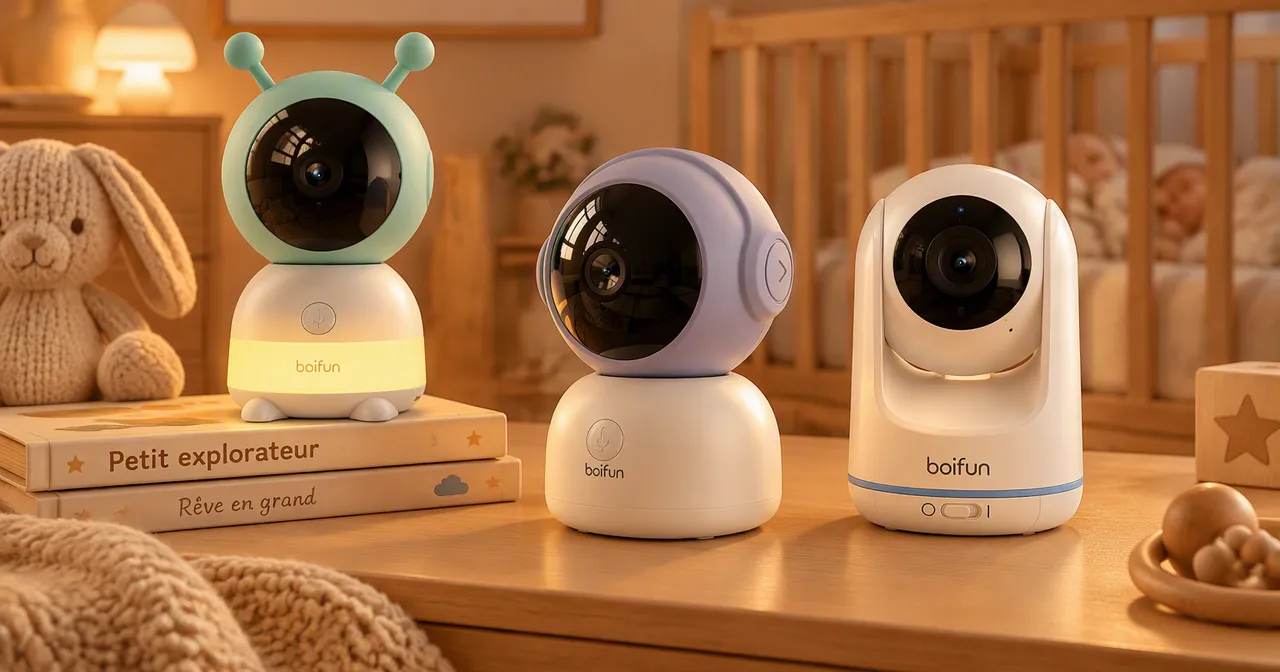 Illustration de trois caméras Boifun dans une chambre d’enfant